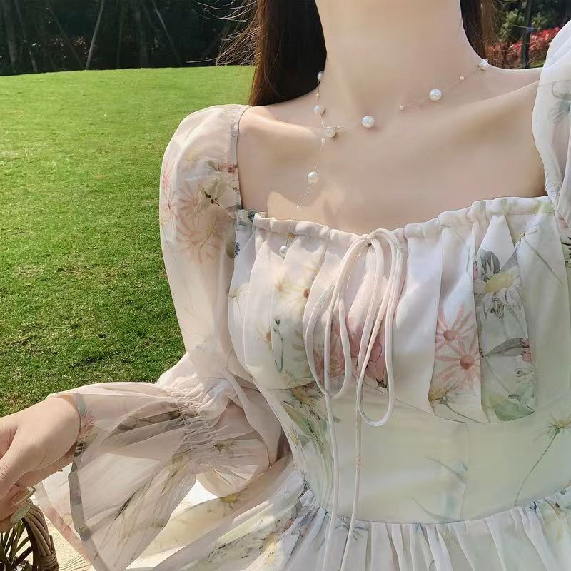 Spring and summer new long-sleeved chiffon dress, fairy-like, gentle style, tea break, French first love dress details Picture