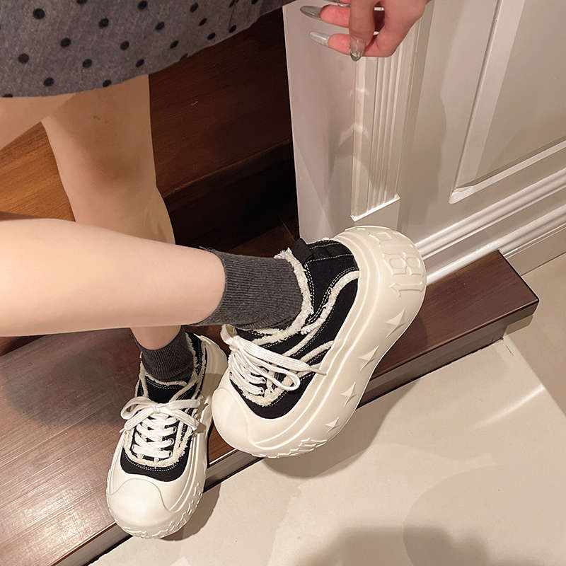 European-style big-head muffin thick-soled bread shoes for women in 2025, canvas shoes with LACES, versatile, petite height-increasing casual shoes Specification image