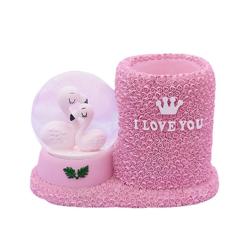 Cartoon Luminous Flamingo Crystal Ball Pen Holder Ins Wind Home Desktop Storage Box Resin Nightlight Decoration Wholesale Item Picture