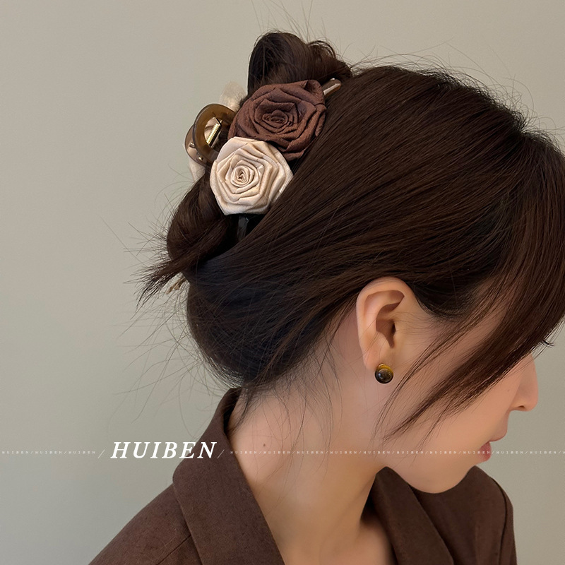 Dried Rose ~ Maillard Flower Grab Clip Female Fall/Winter Large Back Head Shark Clip Hair Grab Clip Specification drawing
