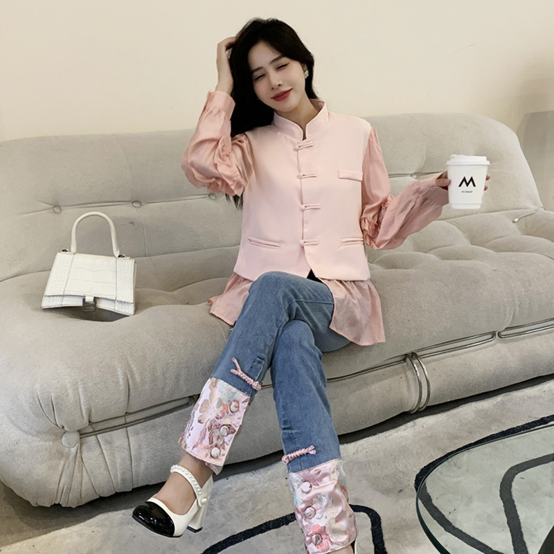 2022春秋新款中国风女装西装外套粉色盘扣上衣国潮时尚气质套装潮