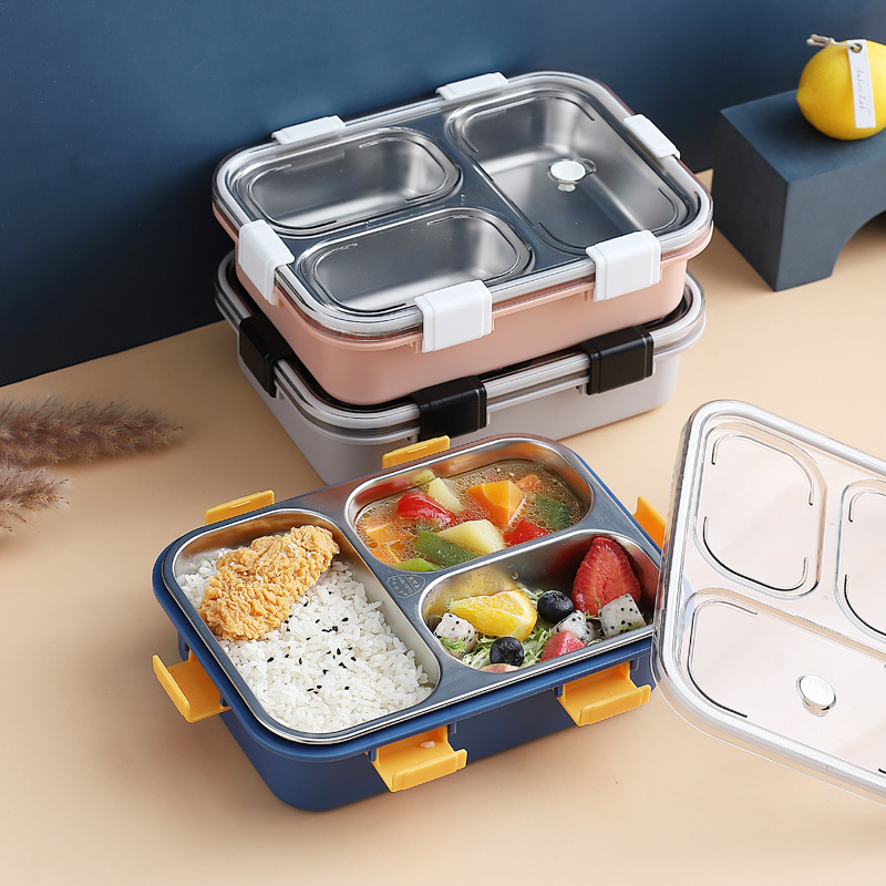 新款304不锈钢可注水保温饭盒 上班族学生三格午餐盒方形便当盒图