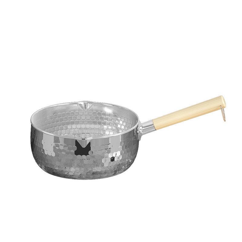 Japanese Wooden Handle Small Milk Pot Baby Baby Home Food Pot Stainless Steel Snow Pan Foam Fabric Hammer Pattern Stockpot Item Picture