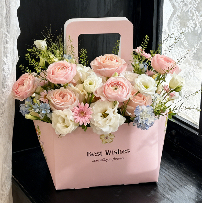 新款手提花盒鲜花玫瑰花插花包装纸盒女神节手提插花盒