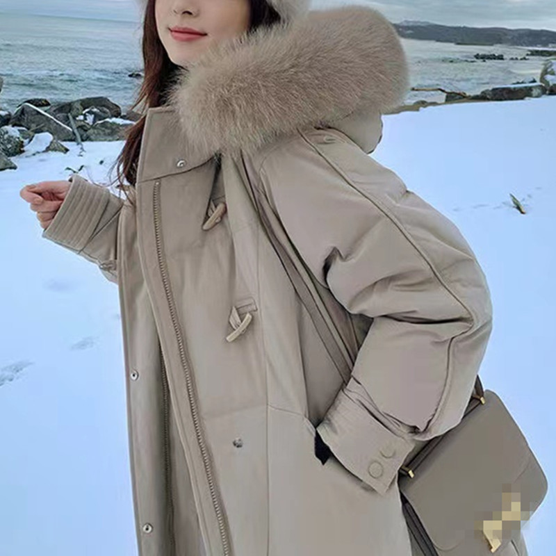 White duck down collar down jacket for women, long and knee-length 2022 new Korean version thickened slimming croissant bread jacket details Picture