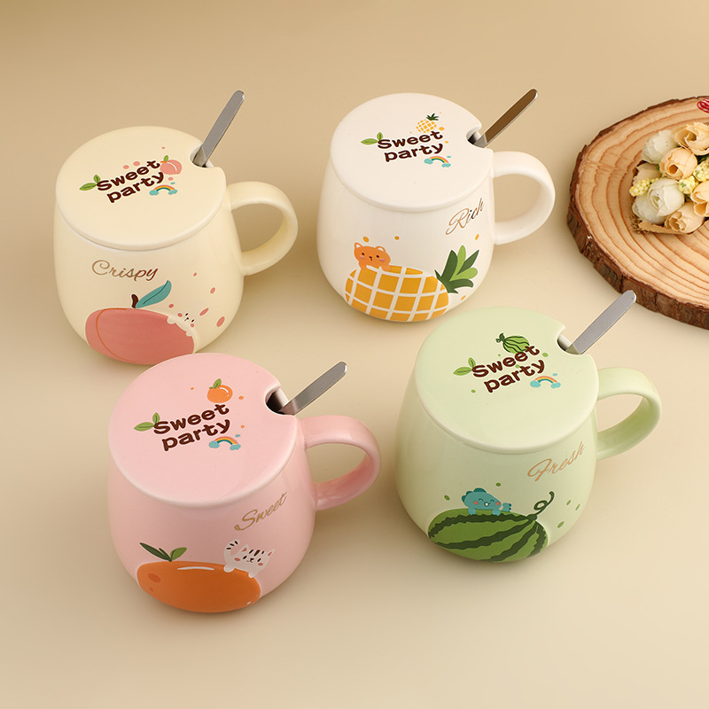 Lovely Embossed Fruit Creative Printed Mugs Fashion Students With Lid Spoon Ceramic Cup Milk Coffee Cup details Picture