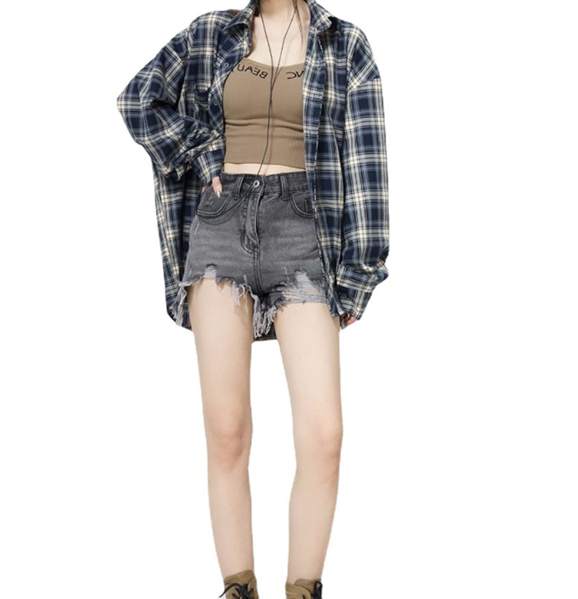 Korean version of High Street Beauty School Invitation: Plaid long-sleeved sun protection shirt for women's summer cardigan, thin shirt with top bf Item Picture