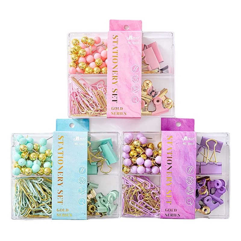 Macaron-colored large flat four-compartment box, golden stationery set, book holder, thumbtack, paperclip combination, small stationery set Item Picture