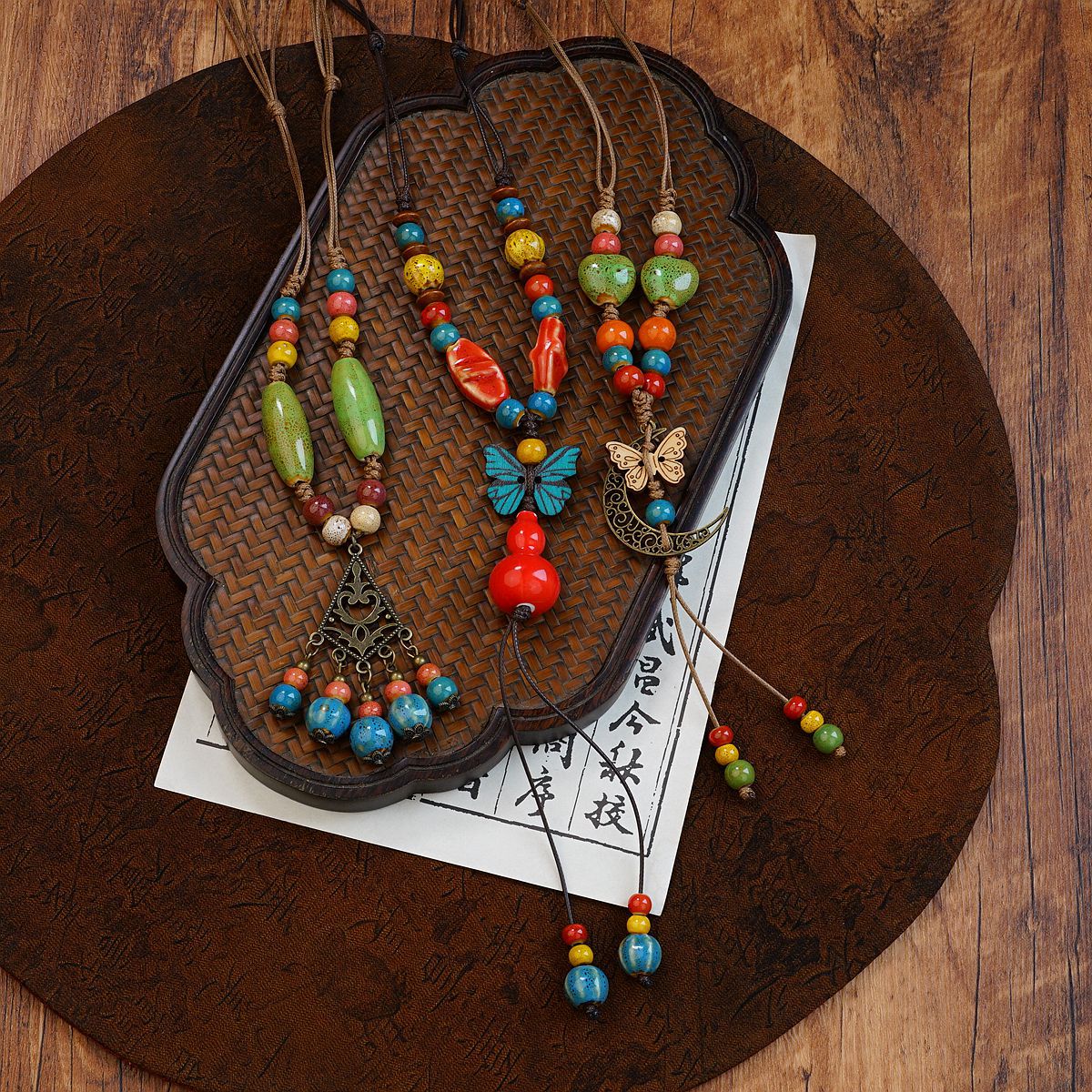 Jingdezhen ceramic necklace with ethnic style, butterfly style, ancient-style collarbone chain accessory, retro matching, long style wholesale supply