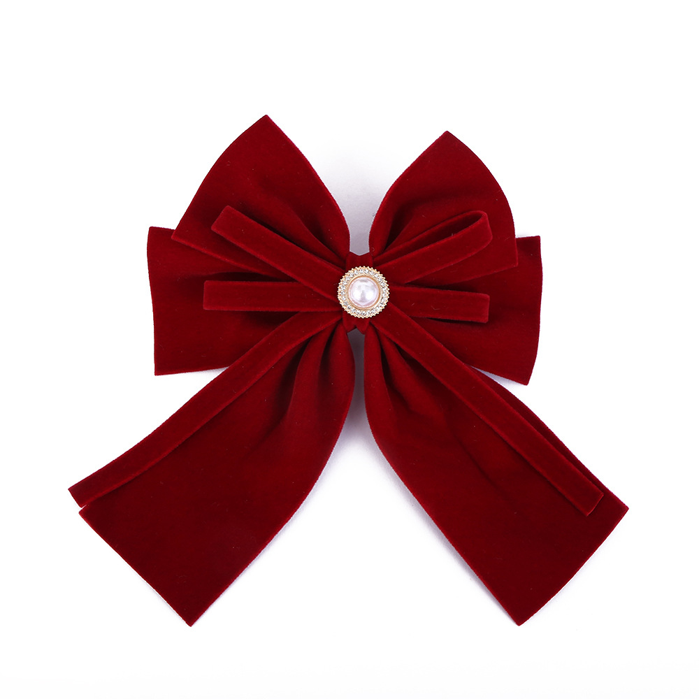 Chinese-style high-end New Year's toasting dress headwear, simple and elegant pearl hair clips, wine red velvet top clips wholesale Item Picture