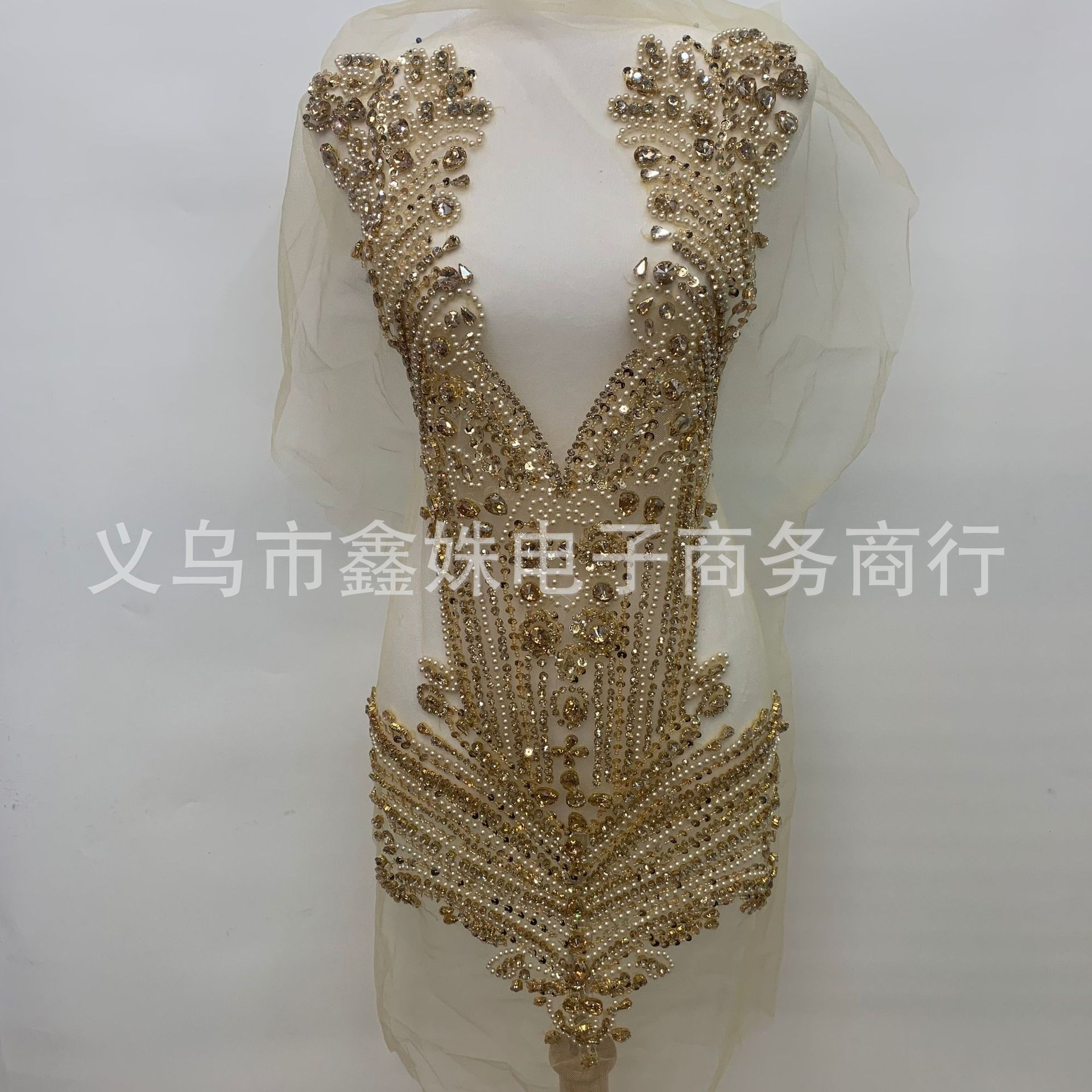 全幅款手工钉珠婚纱礼服装饰香槟蕾丝贴花