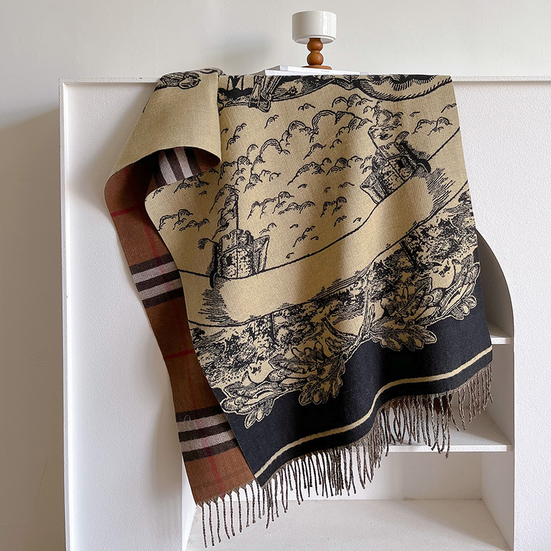 复古高端格纹双面羊绒围巾女2023新款美拉德大牌战马气质冬季围脖