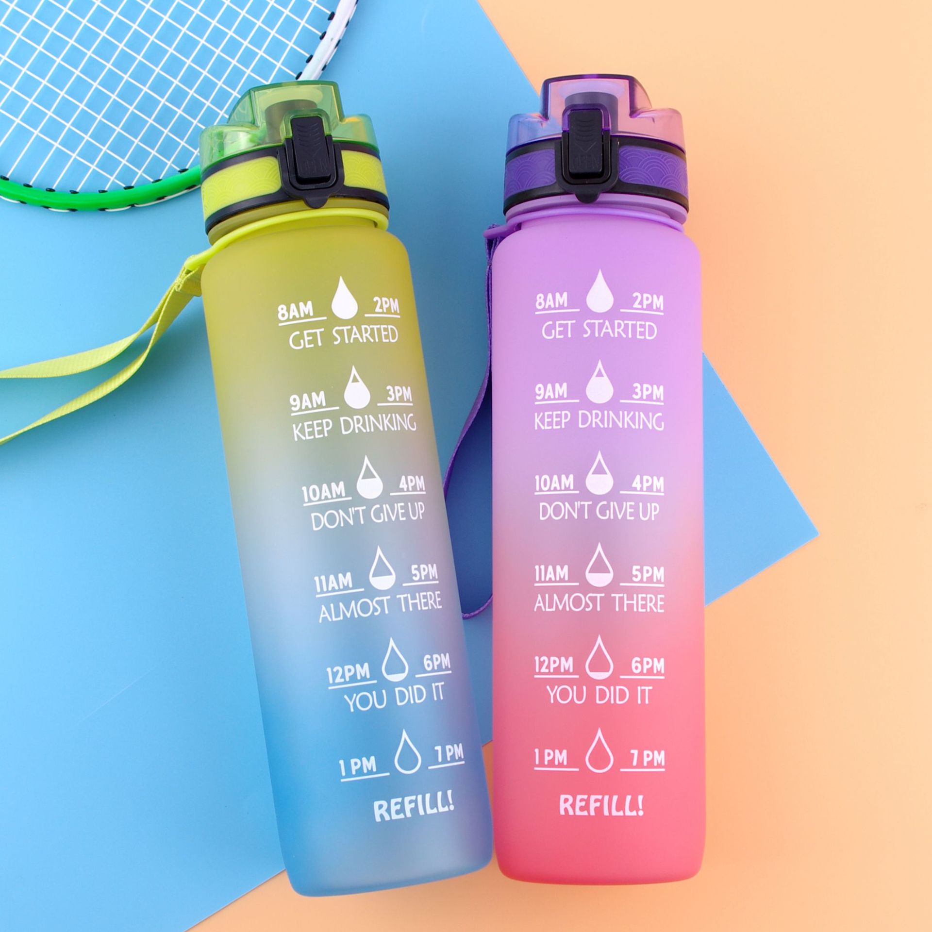 New Gradient Color Space Cup Outdoor Sports Kettle Bounce Cover Frosted Cup Amazon Gift Plastic Water Cup Application Scenario