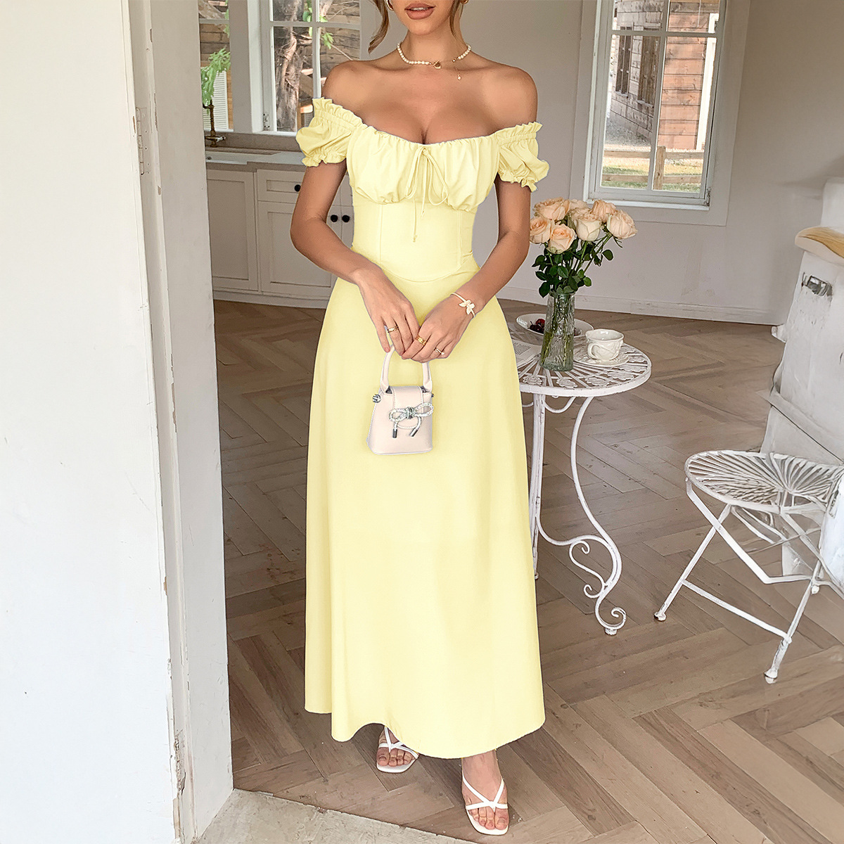 Diyun's elegant European and American short-sleeved one-shoulder long dress for women's clothing Spring/Summer 2025 Amazon Independent Store Application Scenario