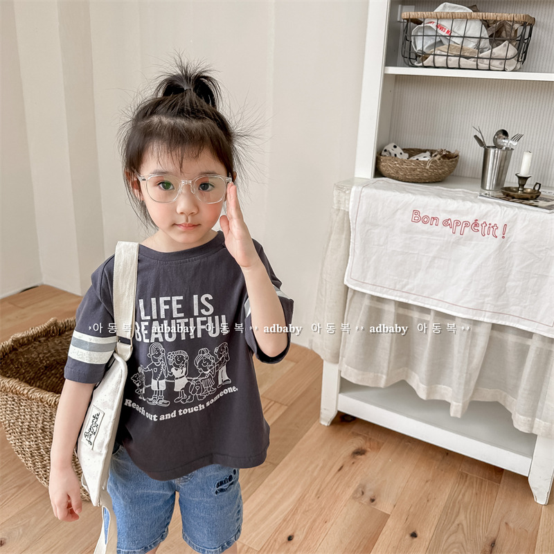 Summer 2025 Children's Clothing: Korean short-sleeved active printed T-shirt for Girls and Boys, base layer, 123293 details Picture