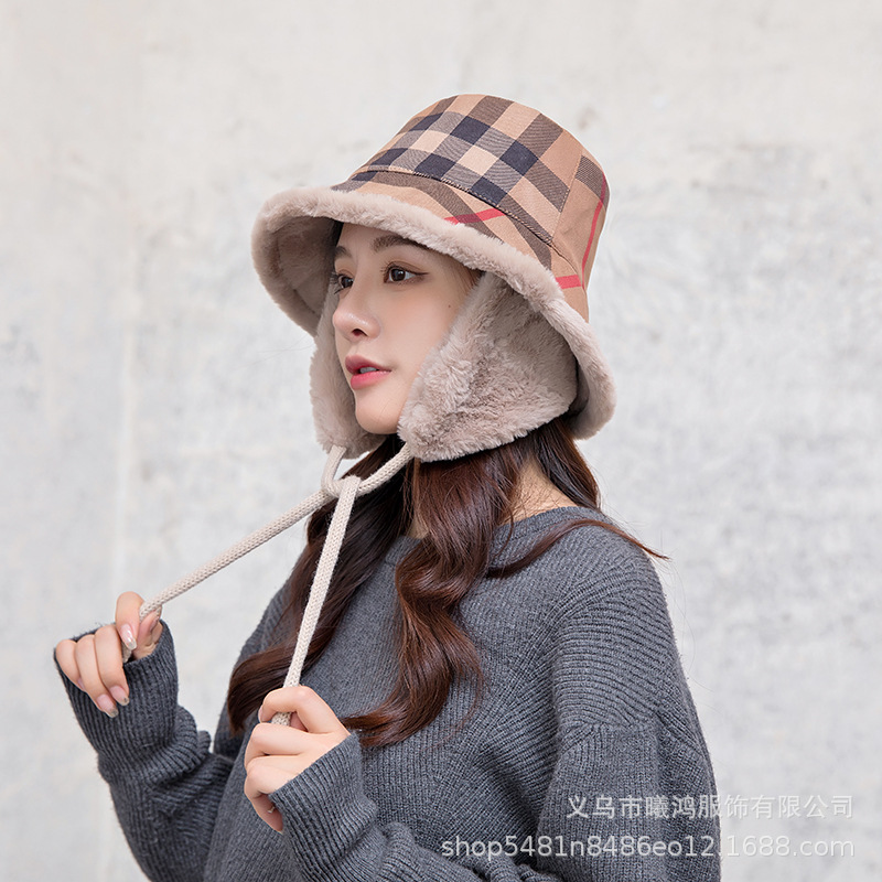 Autumn And Winter New Check Fisherman Hat Women Cycling Windproof Ear Basin Hat Plus Cashmere Thickened Korean Version Of Fashion Cold Basin Hat details Picture