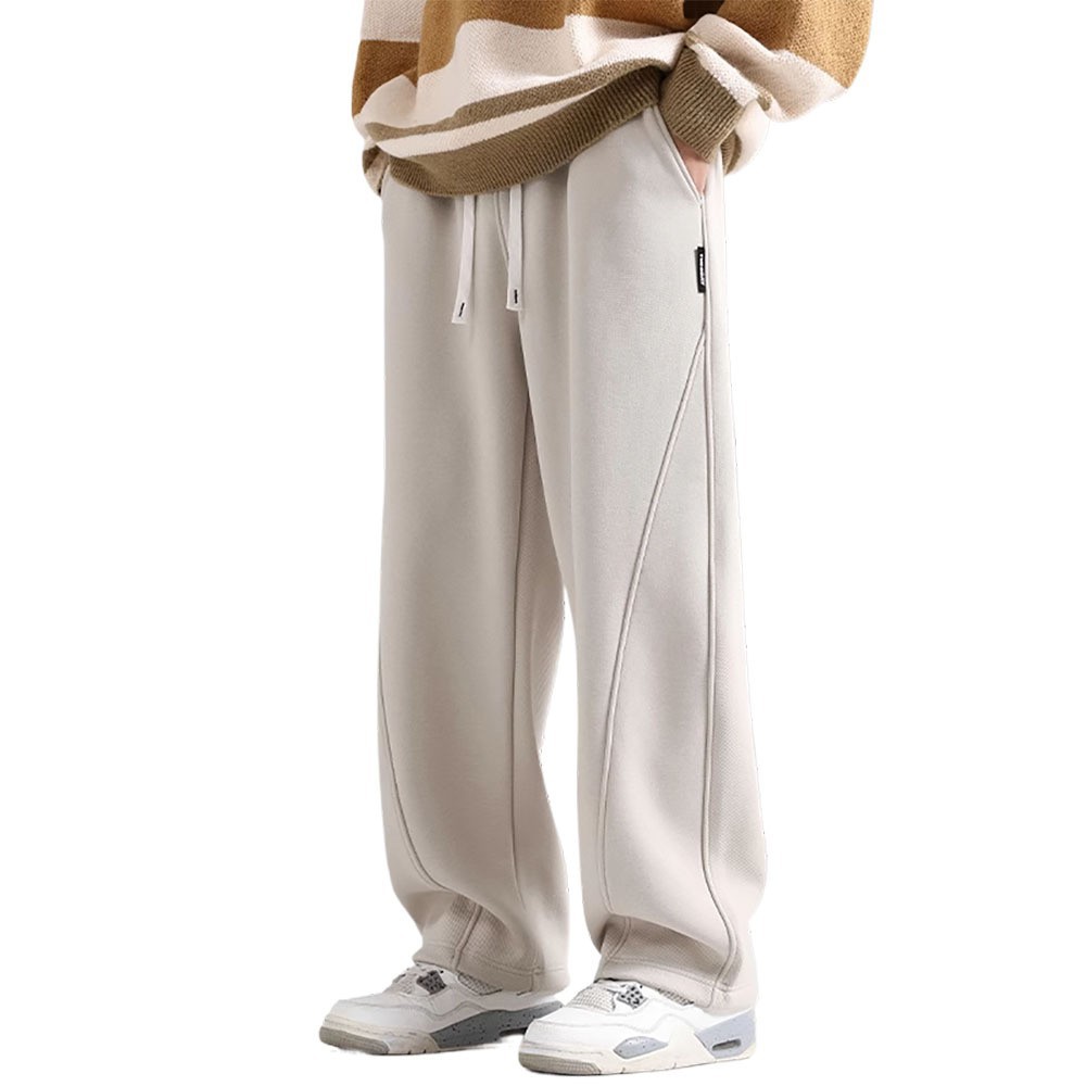 Men's autumn and winter straight-leg curved knife pants, fleece casual men's pants, loose wide-leg sweatpants, winter sports pants for men Item Picture