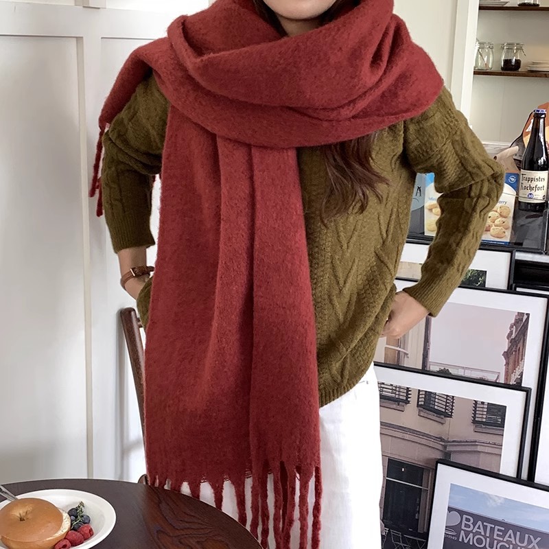 Solid-color mohair scarf for girls, 2023 autumn/winter new Korean style, versatile student faux cashmere warm shawl scarf pic 14