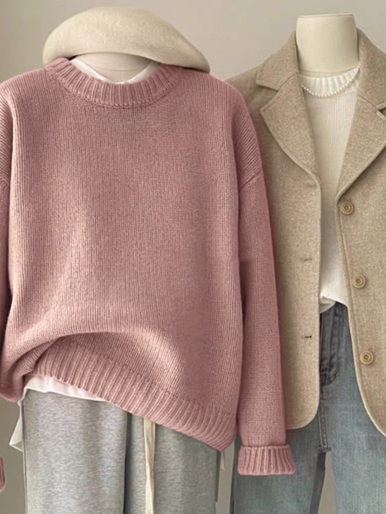 日系复古深绿色毛衣女秋冬宽松慵懒风圆领套头打底内搭针织衫加厚详情6