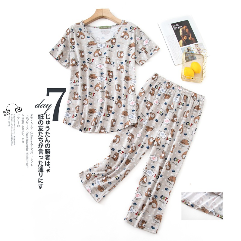 Cross-border pajamas spring and summer short-sleeved capri pants cartoon cute large-sized cotton women's pajamas set home wear wholesale Specification image