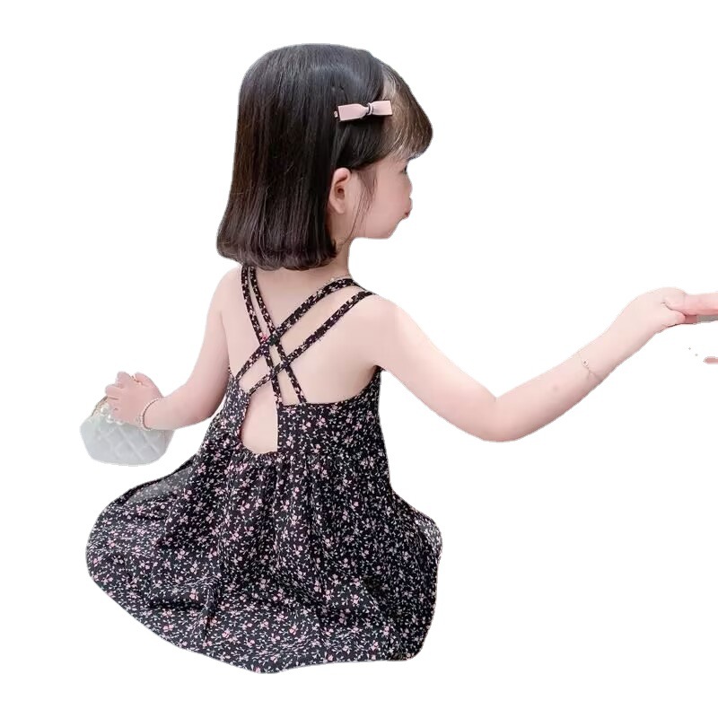 Summer girls' dress, stylish Korean-style baby girls' summer dress, halter dress, chiffon children's floral dress Item Picture