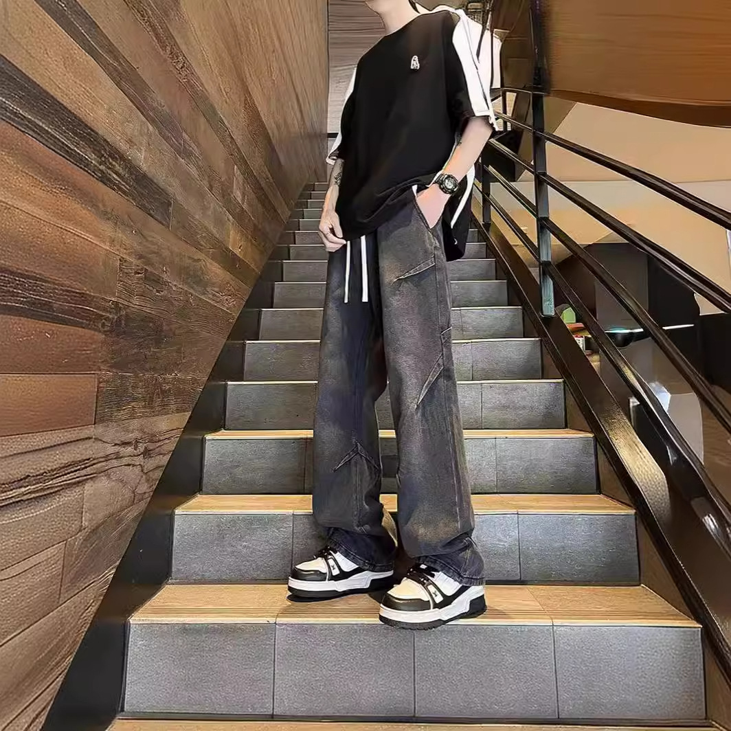 Men's 2024 Spring/Summer new Korean style trendy and individualistic slimming and leg-enhancing men's straight-leg casual jeans