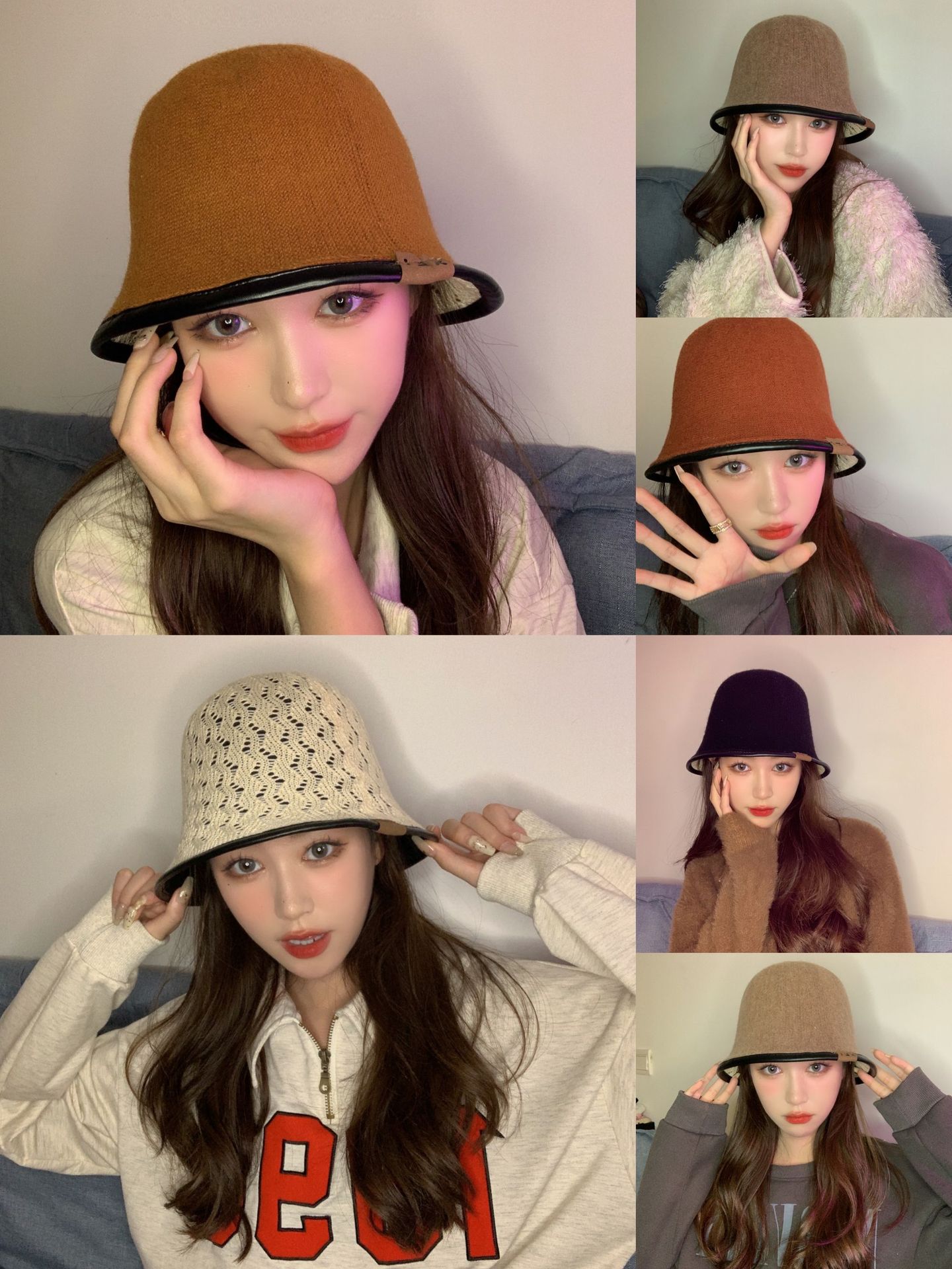 Solid Color Double-Sided Lace Wool Pullover Hat Autumn Winter Japanese Warm Fisherman Hat Knitted Artistic Small Top Hat details Picture