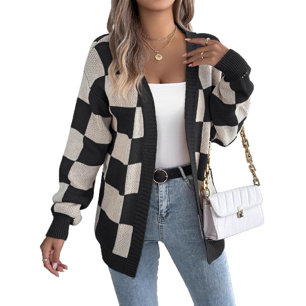 2025 European and American autumn/winter color-blocking checkered lantern-sleeved cardigan, mid-length coat, Amazon cross-border women's clothing Item Picture