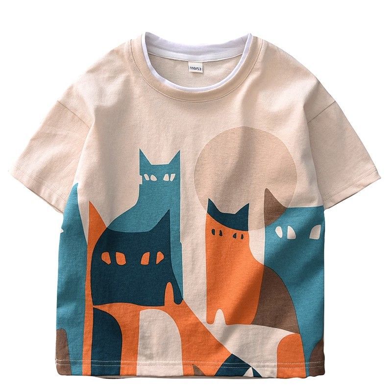 Cotton Boys' short-sleeved T-shirt for summer 2023 new summer, featuring cat and Mi prints for boys, cotton half-sleeved Item Picture