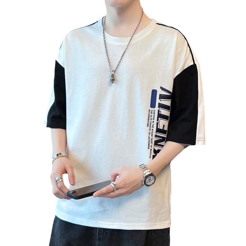 2024 New summer men's trendy loose wear, a student short-sleeved T-shirt set, five-quarter and half-sleeve T-shirt top Item Picture