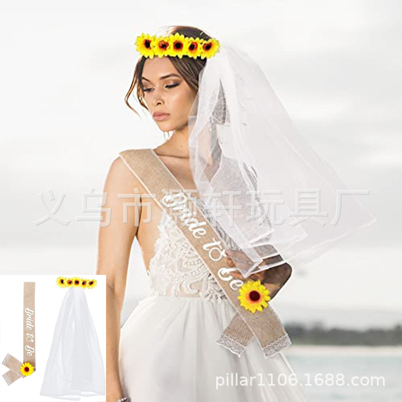 BRIDETOBE wedding dress accessories for bachelorette party sunflower veil linen dress with shoulder set full figure