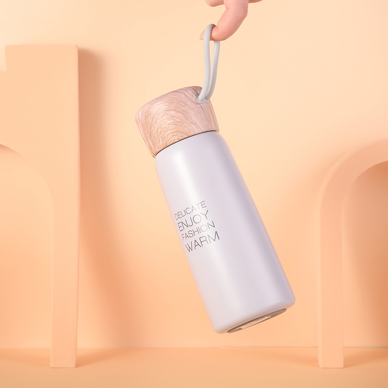 可爱批发日系木纹创意小清新水杯便携带提绳不锈钢保温杯