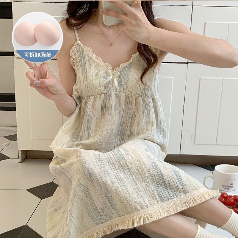 The summer bestseller of the strappy nightgown for women is the detachable bubble foam pajama with a chest pad. It is a loose, sweet and cute home wear for women