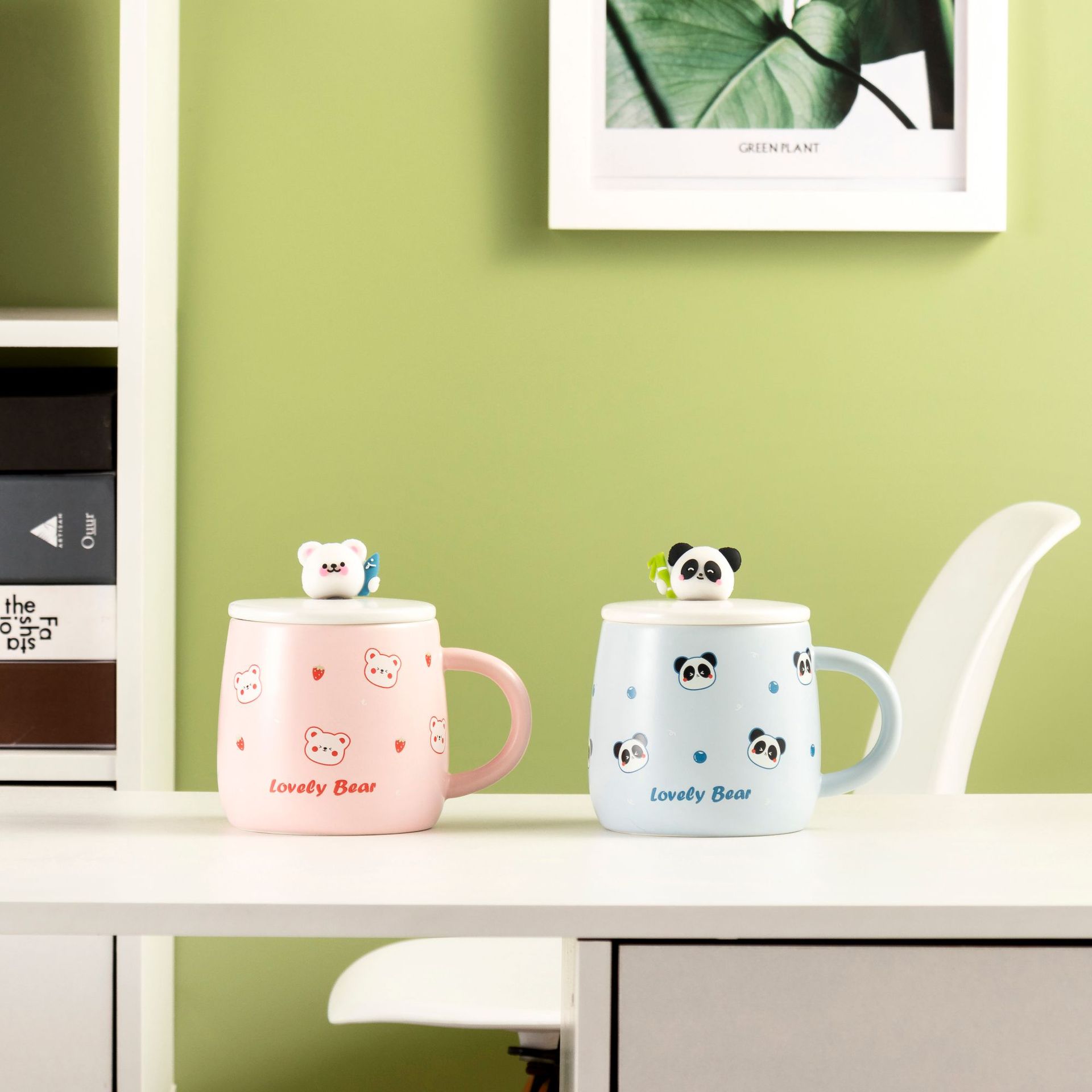 Creative cartoon bear ceramic cup with lid spoon mug set, cute girl home milk breakfast cup