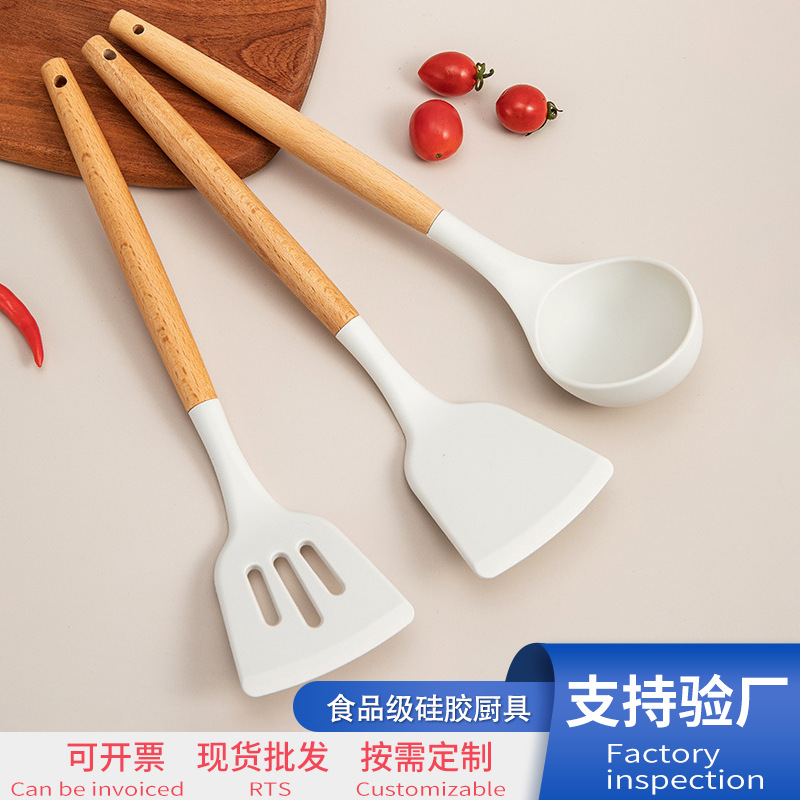Solid Wood Handle Silicone Kitchen Utensils Food Grade High Temperature Resistant Spatula Non-Stick Special Frying Spatula Soup Spoon Dish Shovel Set Combination details Picture