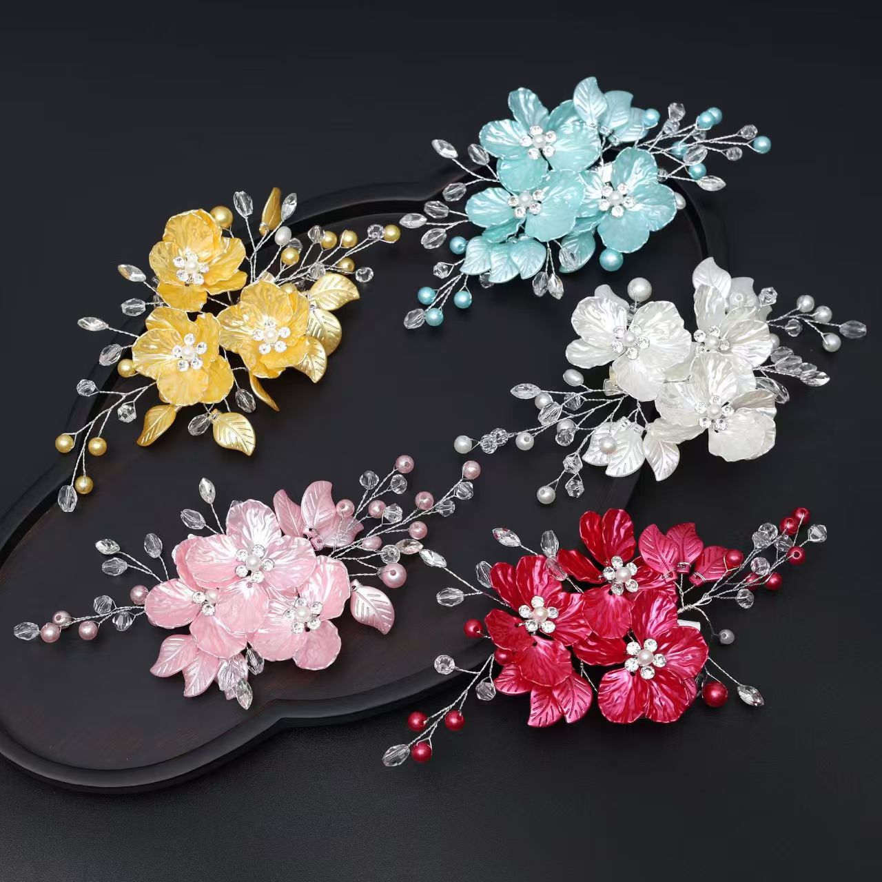欧美跨境新娘头饰手工珍珠发夹花朵水晶尖嘴夹感写真发型头饰批发