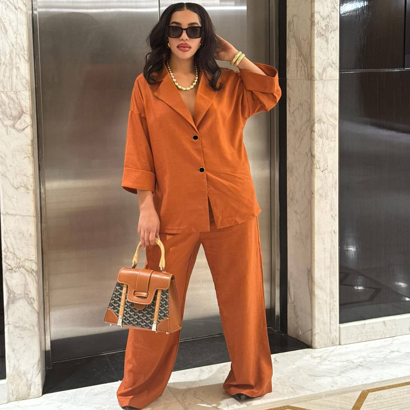 European and American women's clothing, lapel loose single-breasted shirt, high-waisted straight-leg pants, two-piece set, African casual and elegant suit for women full figure