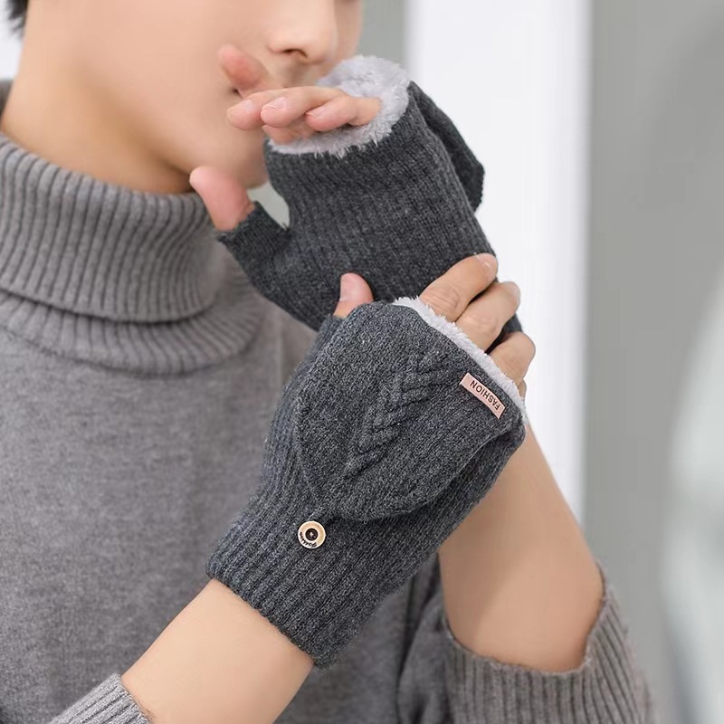 冬天保暖手套防寒手套男士手套成人手套双层手套加绒加厚手套骑行手套毛线针织手套半指加盖手套开车手套写字手套露指手套厂家直销