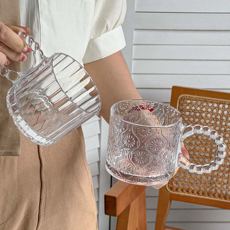 Beaded circle large-eared glass cup, niche design sense mug, high appearance level, household water cup, milk coffee cup Item Picture