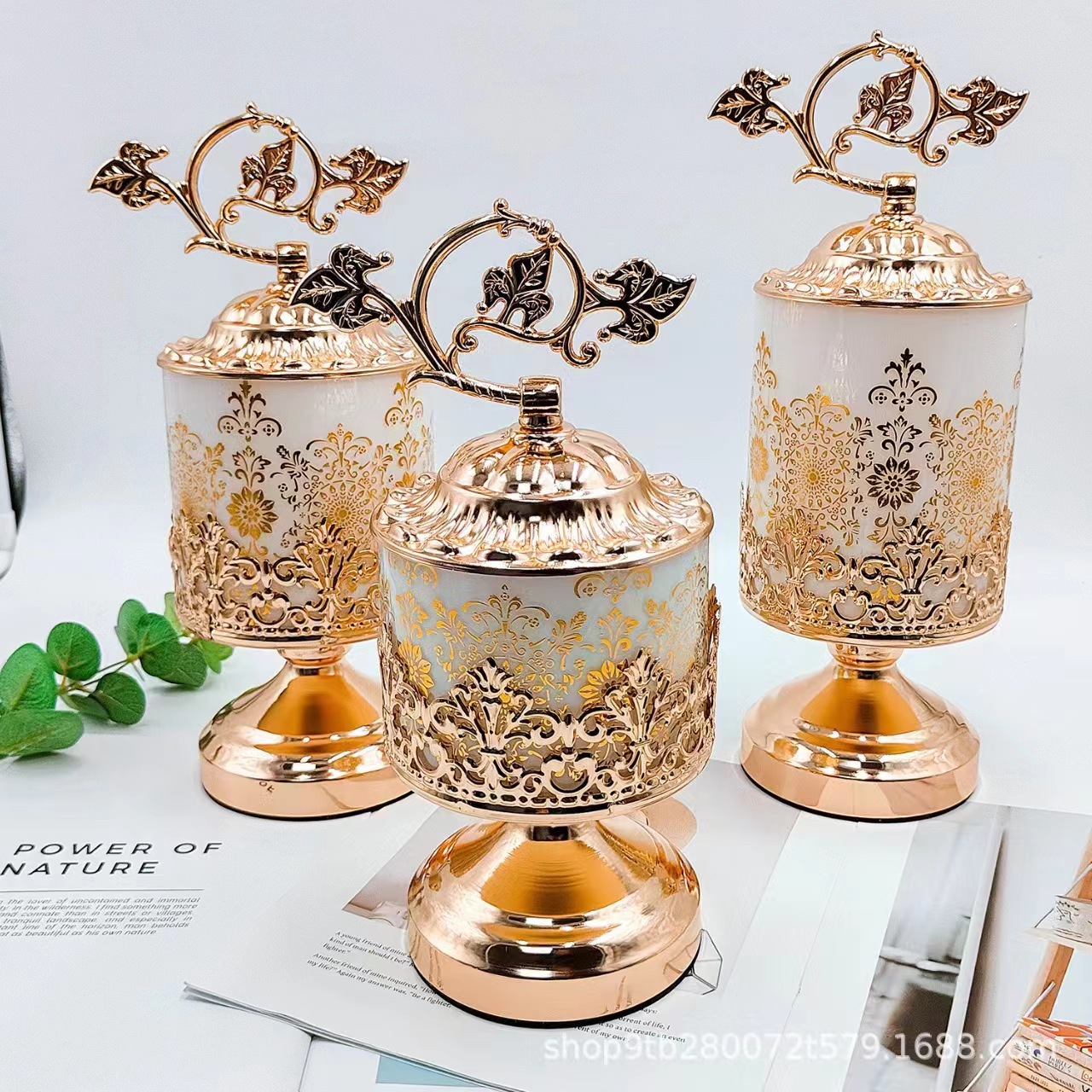 Gold Plated White Glass Storage Jar Printed Decoration Candy Jar Living Room Dry Fruit Storage Jar Three-Piece Swing Set Specification drawing