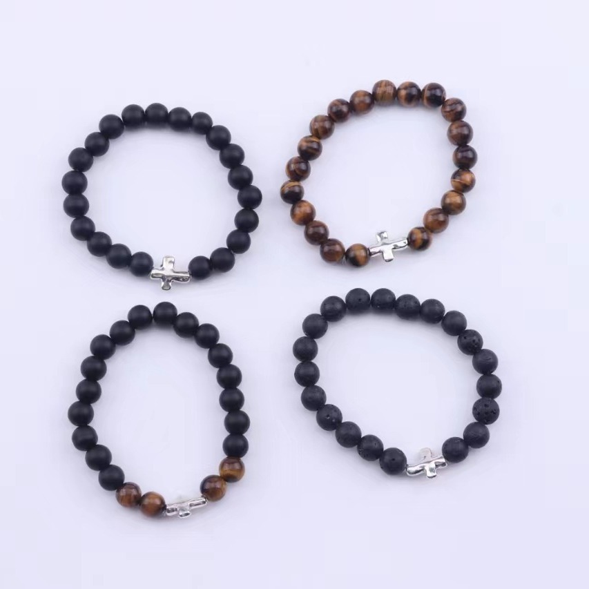 Europe And The United States Foreign Trade Hot Fashion High-Grade Natural Stone Volcanic Stone Tiger Eye Stone Men's Bracelet Personality Handmade Beaded Cross Hand String Couple Gift Manufacturers Wholesale details Picture