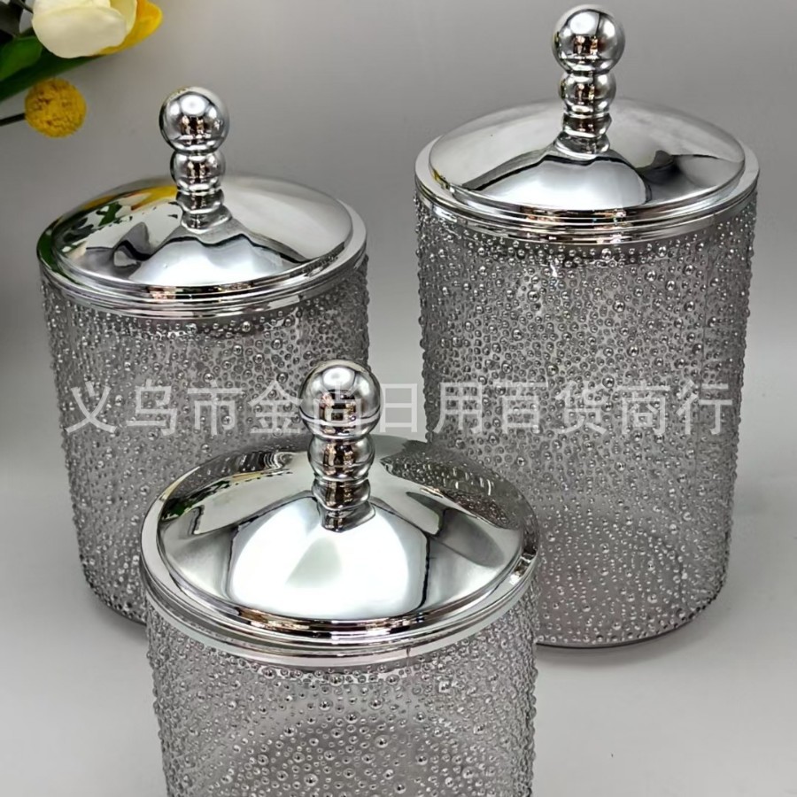 Light luxury round bead lid rice bead plastic solid color transparent storage jar without base, candy jar with color box Application Scenario