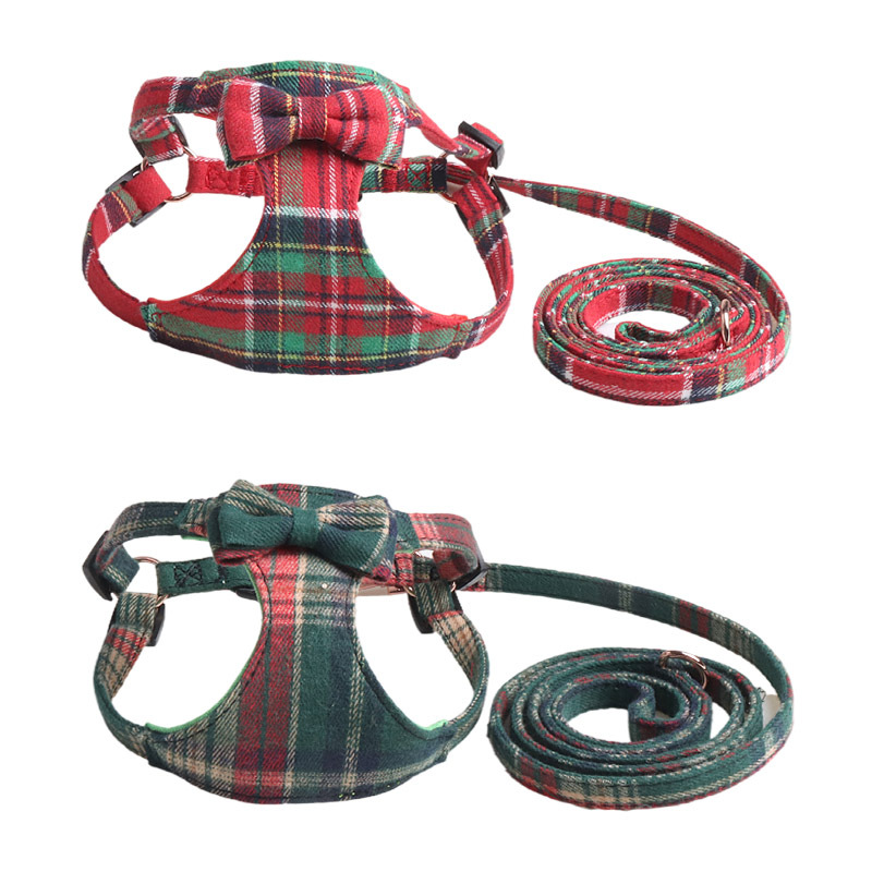 金杰特宠物用品圣诞红绿宠物 胸背带 麂皮绒内衬 英伦风格子图