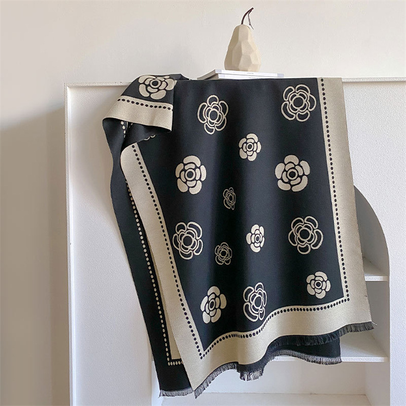 Classic Camellia Imitated Cashmere Scarf Autumn And Winter Everything With Thick Warm Neck With Shawl Small Fragrance