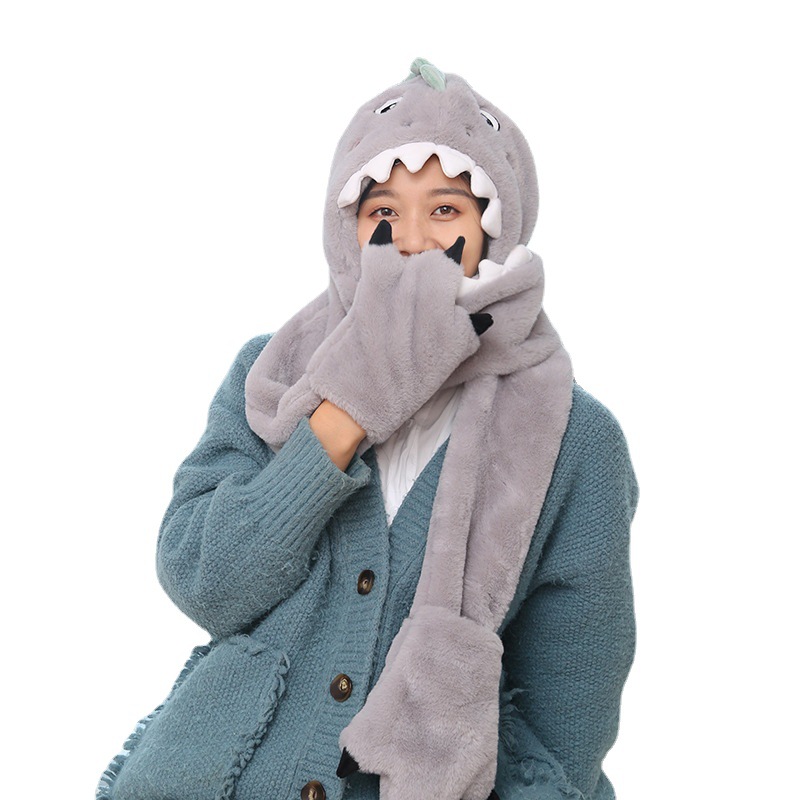 Cross Border Autumn And Winter Plush Warm Neck Set Women's New Cute Little Dinosaur Hat Scarf Gloves One Three-Piece Set Item Picture