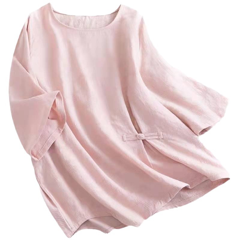 In 2024, Dongdaemun's round-neck girl wore a new summer shirt with a button-up short-sleeved cotton and linen design, which was quite unique Item Picture