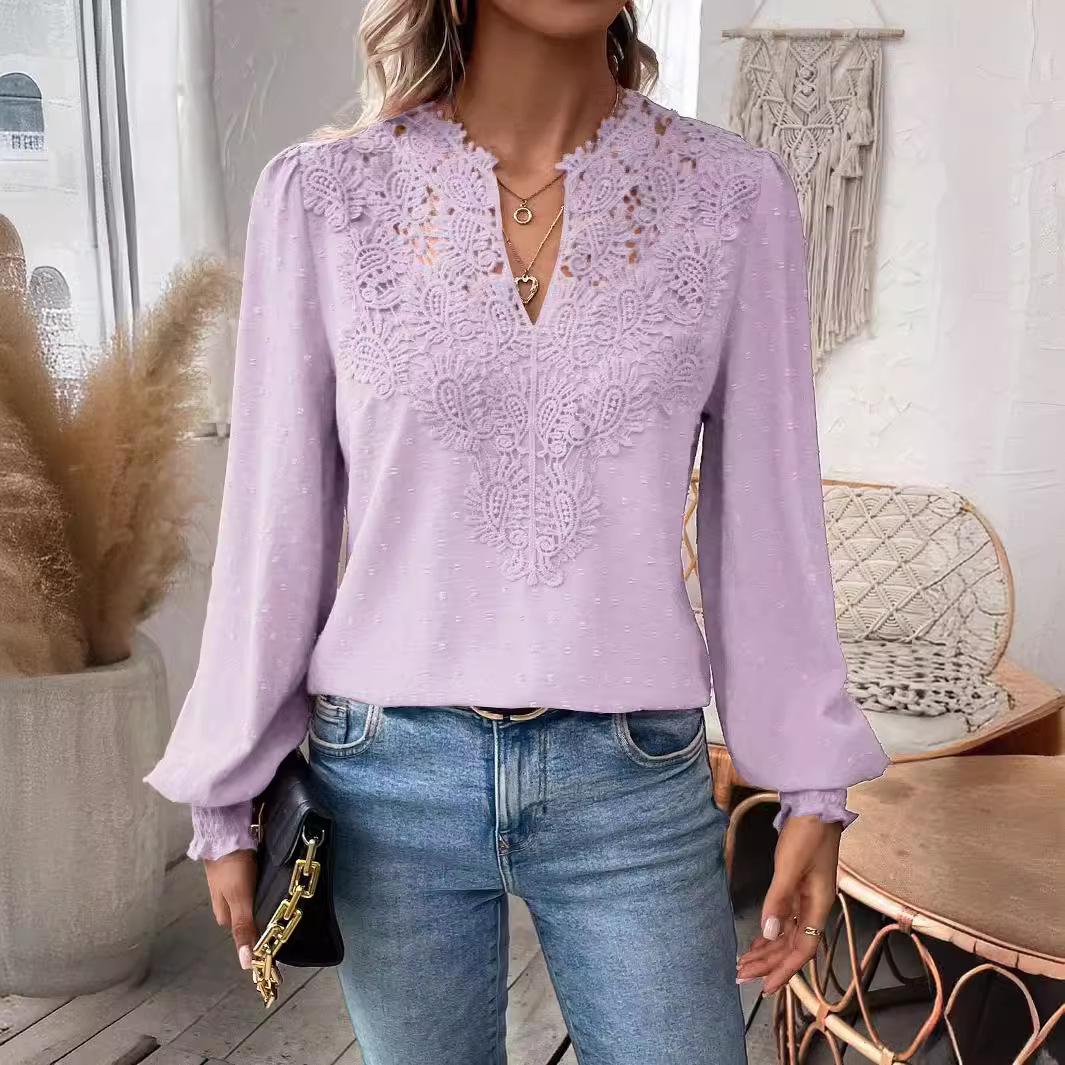The new autumn and winter fashion V-neck lace solid color long-sleeved casual T-shirt for women on Amazon Cross-border in Europe and America in 2024 details Picture