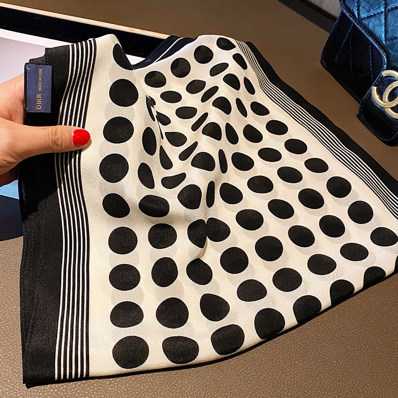 New Korean Thin Black And White Polka Dot Silk Scarf Female Silk Silk Long Scarf Decorative Silk Scarf Silk Crepe De Chine Fringed details Picture