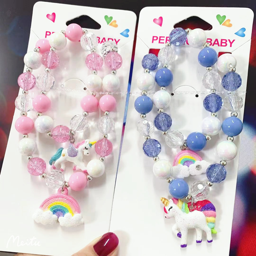 Children and girls Pearl unicorn Rainbow necklace bracelet sweater chain set Holiday birthday New Year gift set full figure