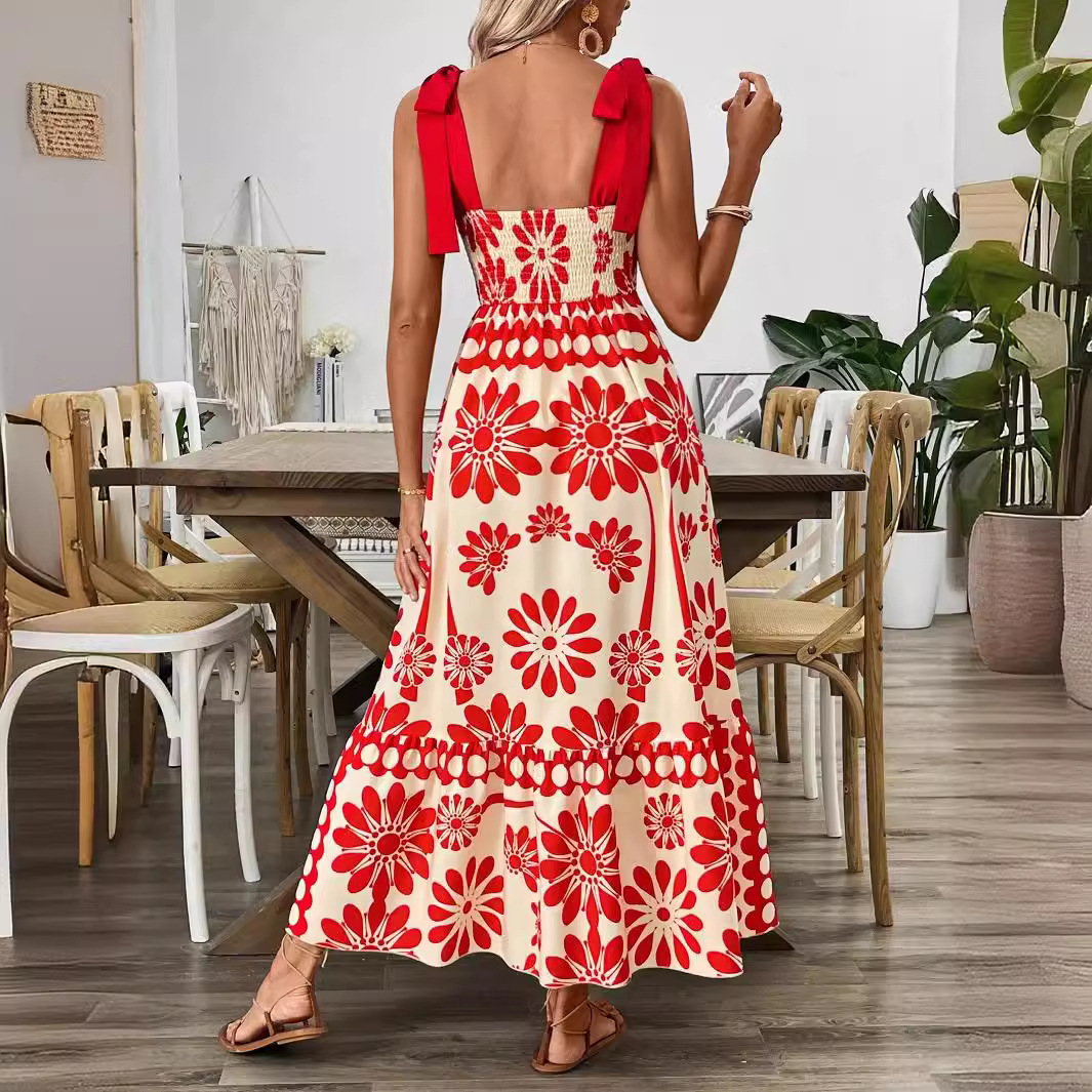 The Bohemian-style women's dress for Amazon women in European and American trade is targeted at women with flowered shoulder straps and lace-up long dresses details Picture